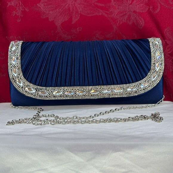 Lulu‎ Townsend Clutch Pleated Blue Satin Rhinestone Women Chain - Picture 1 of 12